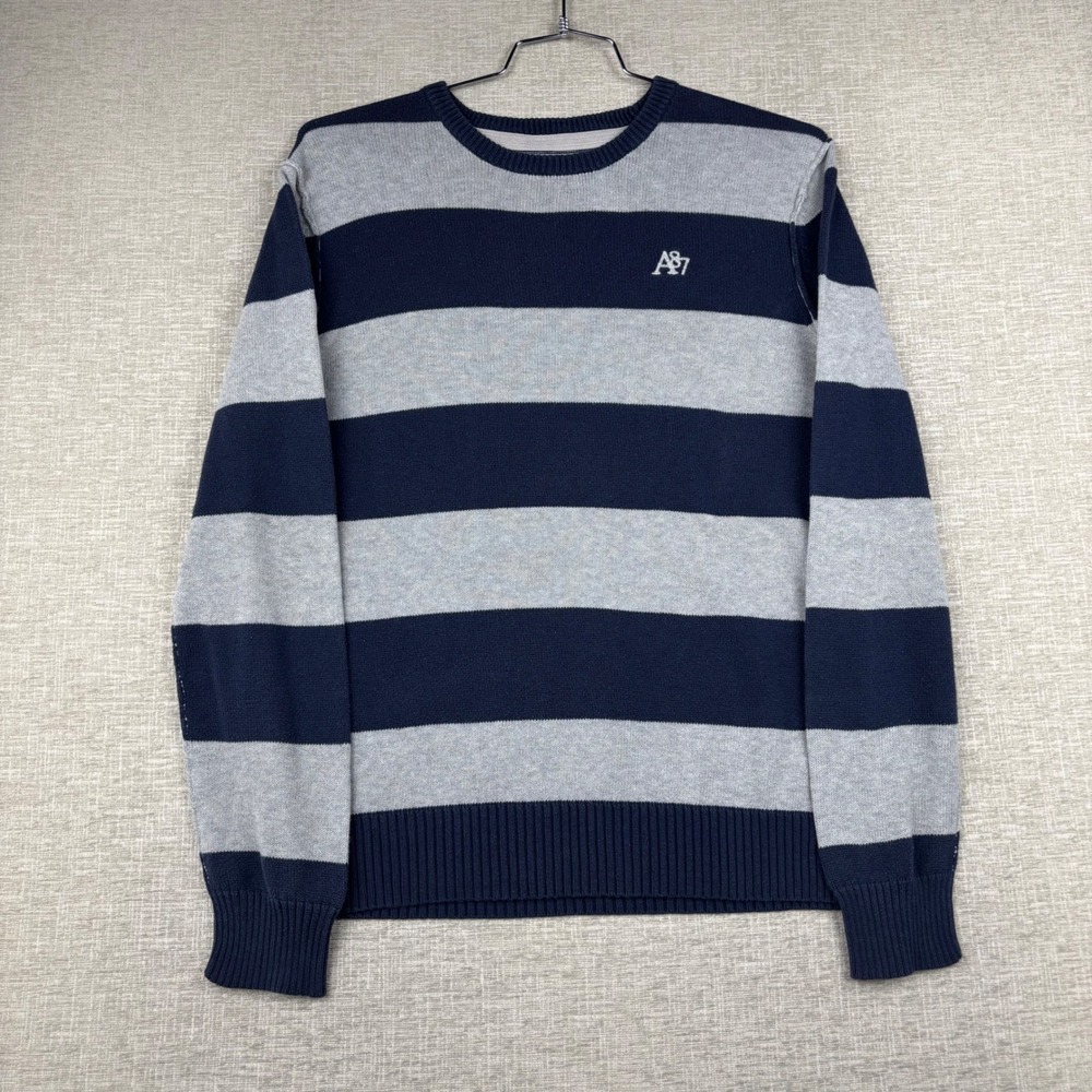 Aeropostale Mens Medium Blue Grey Striped A87 Cotton Crewneck Sweater